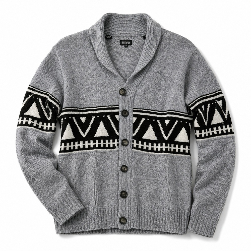 Buffalo David Bitton Mens M Cardigan Sweater Gray Fair Isle Shawl Collar Nordic